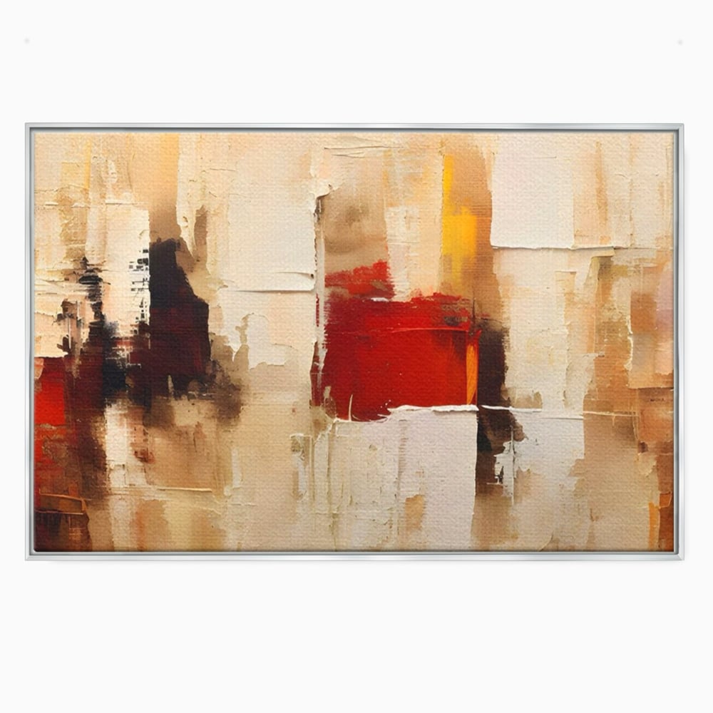 Tablou canvas cu pictura abstracta cu pete de rosu si bej, in rama de aluminiu argintiu